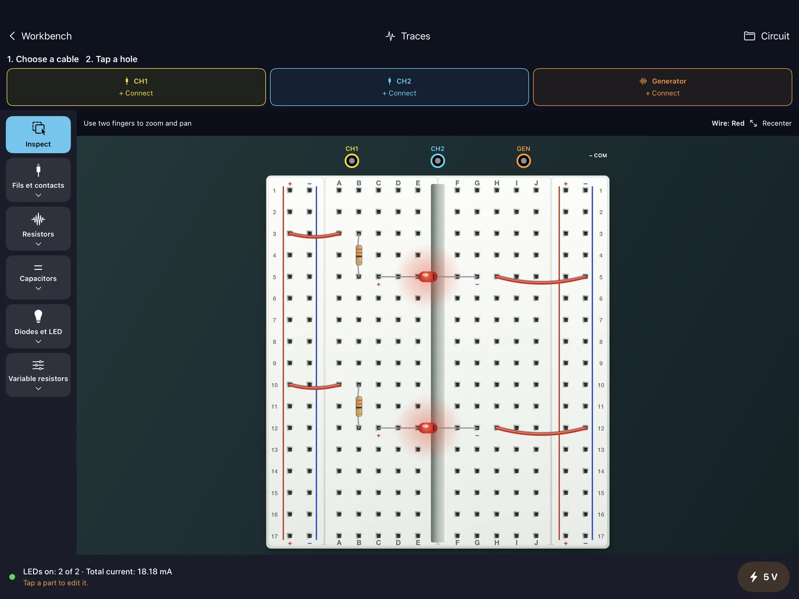 Virtual breadboard with two branches, two resistors and two glowing LEDs.