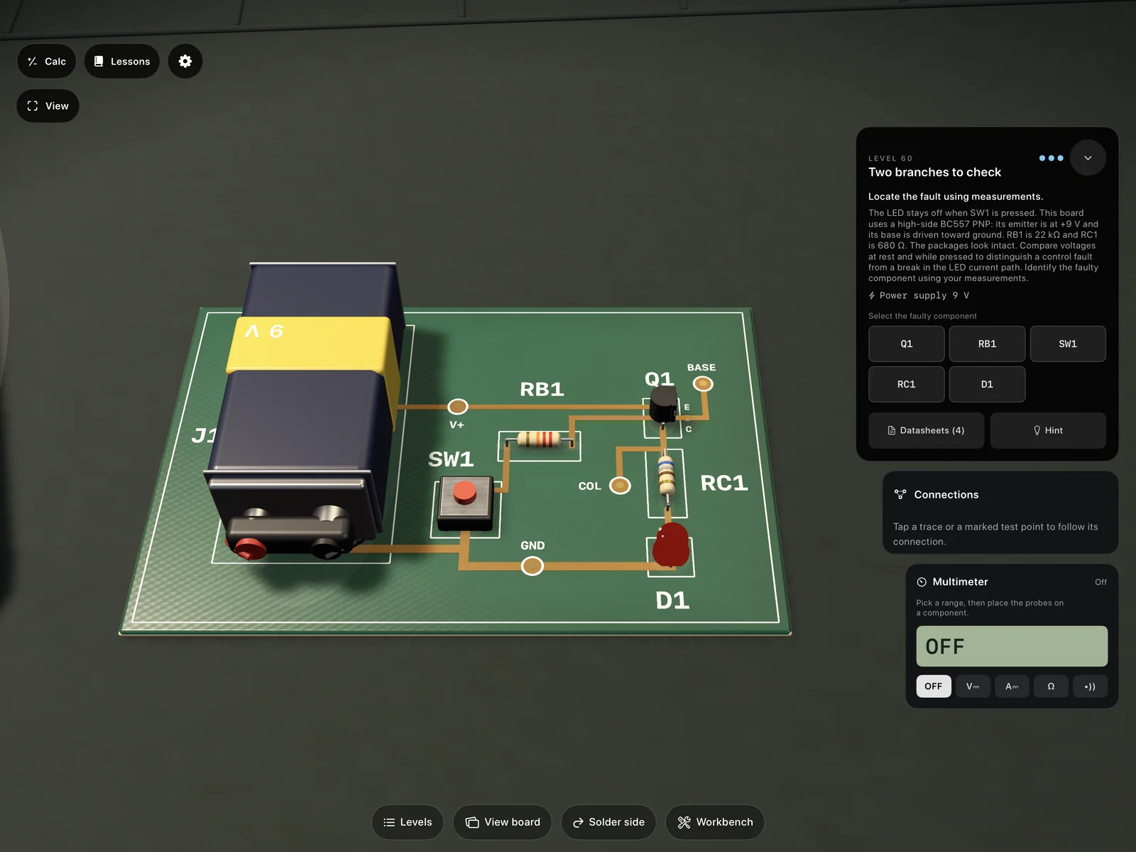 A diagnostic mission showing a circuit board, battery, transistor and LED.