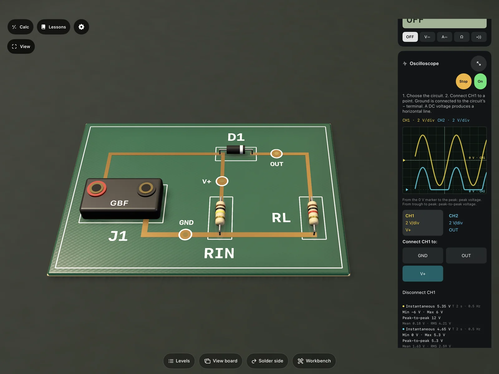 In-game oscilloscope showing the input and output signals of a rectifier.