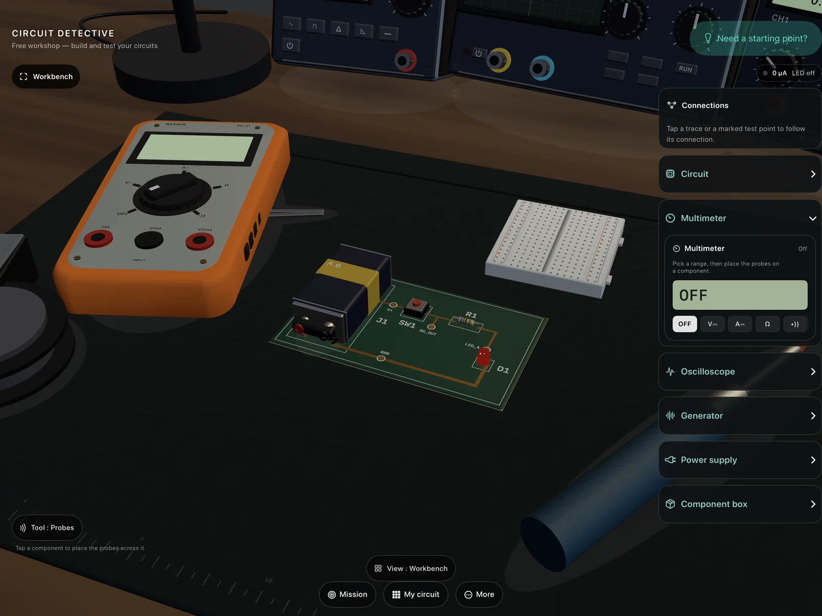 3D workshop with multimeter, breadboard, circuit, oscilloscope and soldering iron.