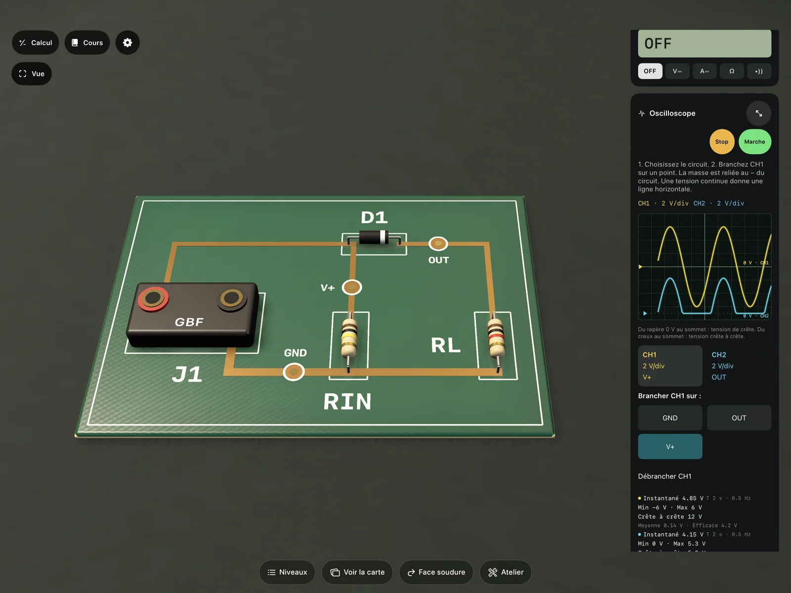 Oscilloscope du jeu affichant les signaux d’entrée et de sortie d’un redresseur.