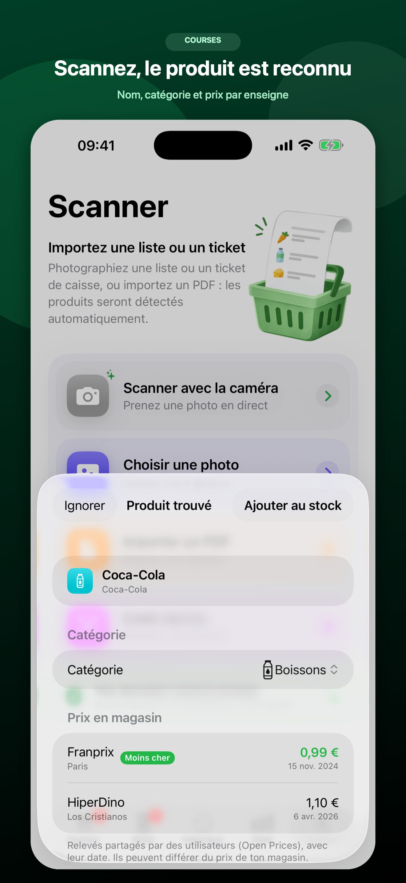 Produit Coca-Cola reconnu par code-barres avec sa catégorie et les prix Open Prices par enseigne