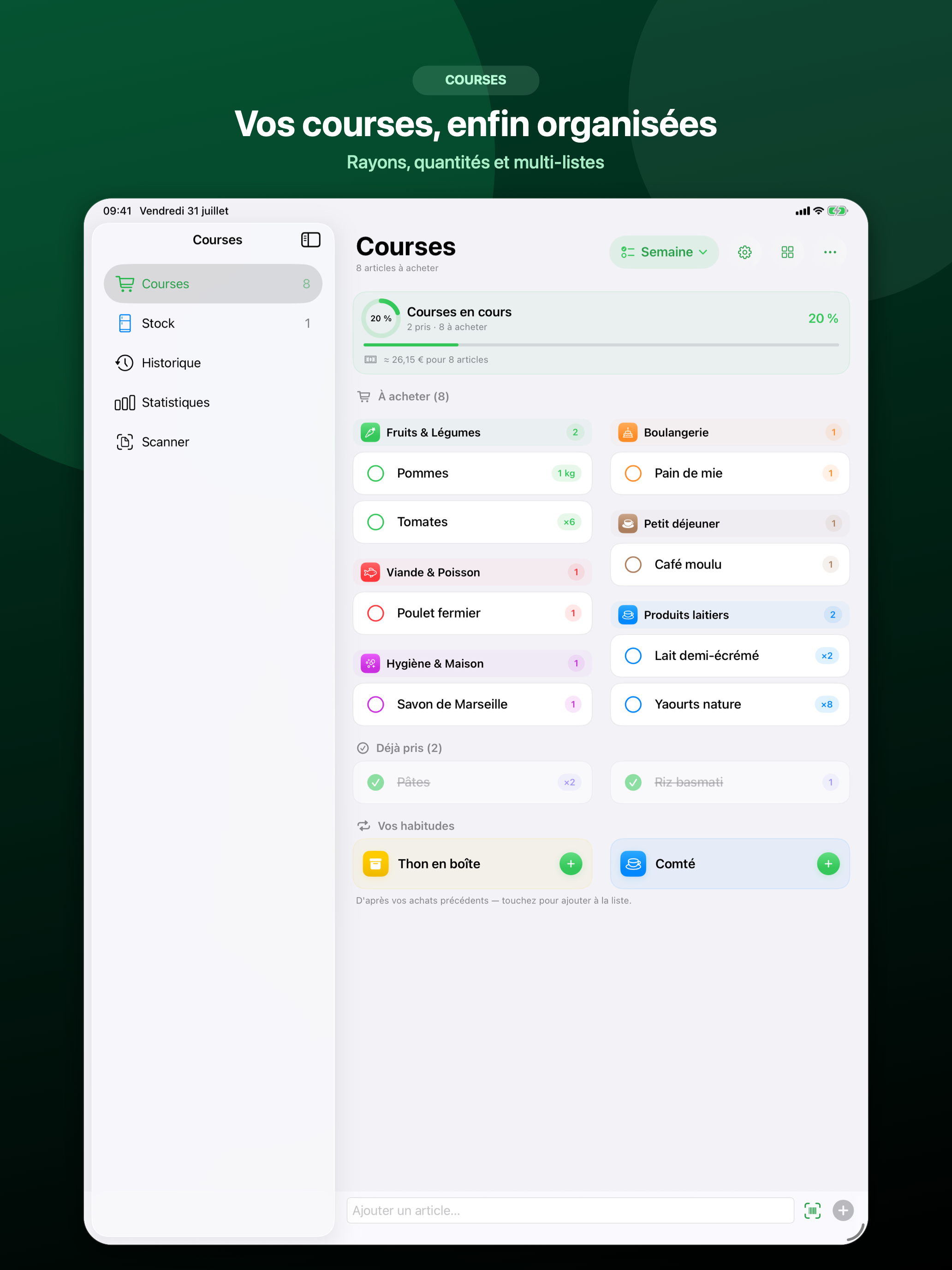 Courses sur iPad avec barre latérale, liste et progression compacte