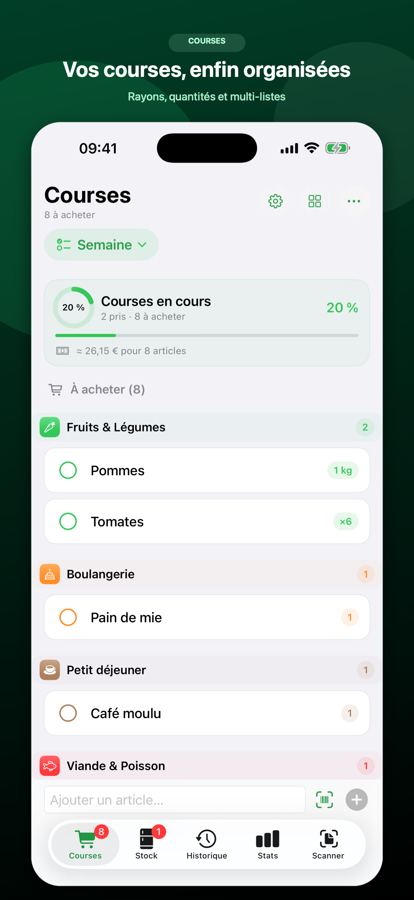Courses sur iPhone : liste organisée par rayons avec progression compacte
