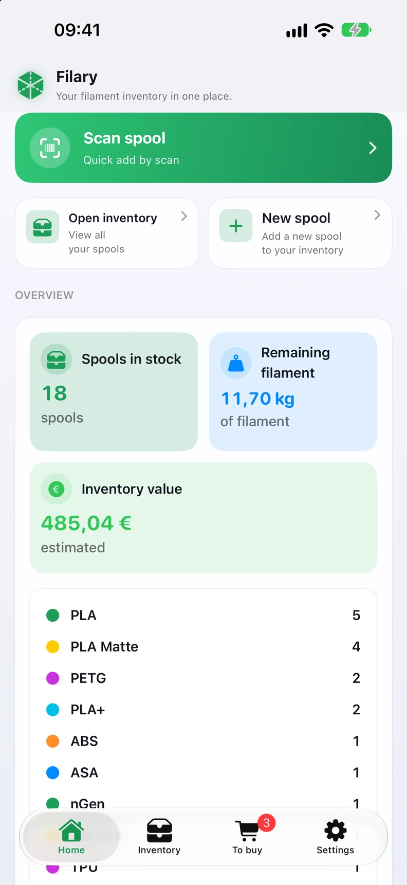 Filary inventory dashboard on iPhone