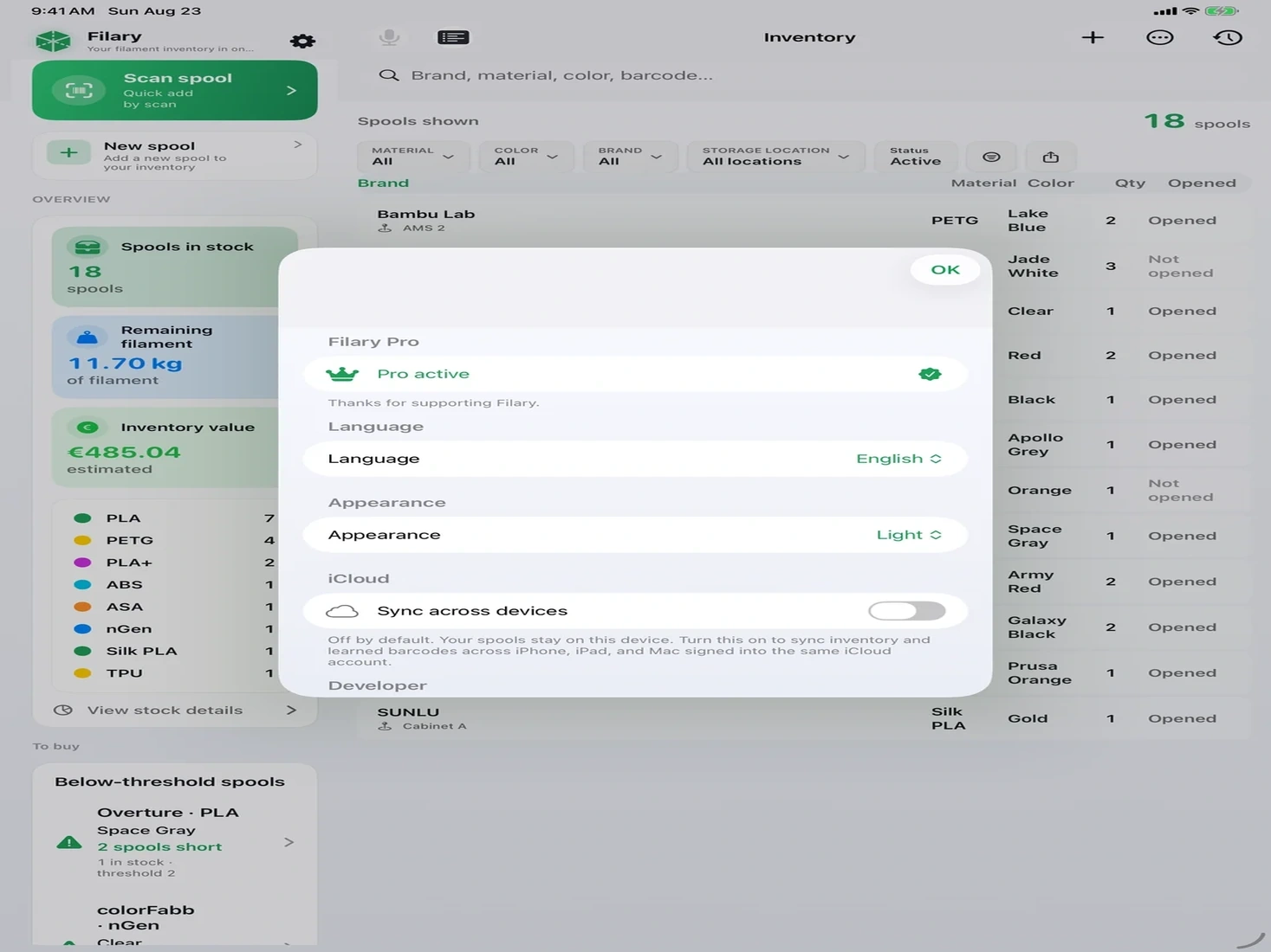 Filary settings on iPad