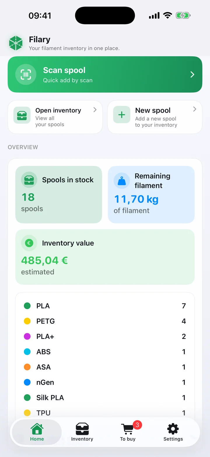 Filary inventory dashboard on iPhone