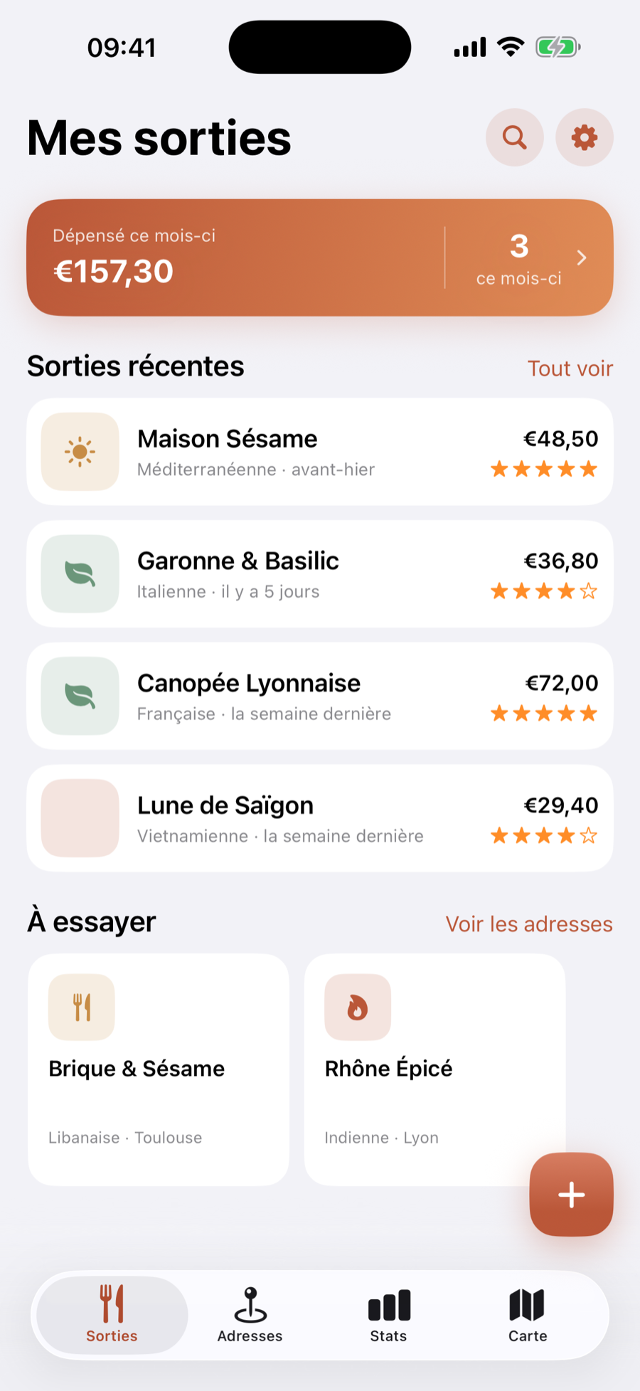 Écran principal de Mes Sorties Resto