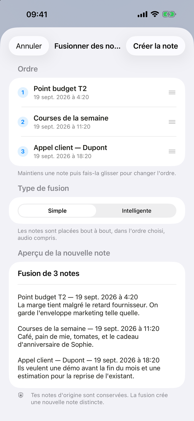 Écran de fusion : trois notes à ordonner et l'aperçu de la note obtenue.