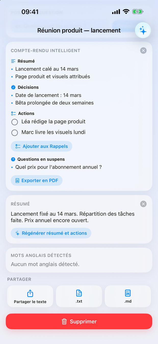 Compte-rendu intelligent : résumé, décisions, actions et questions.