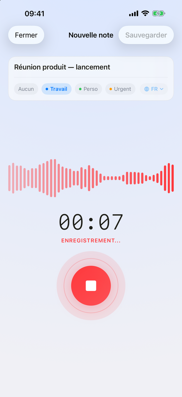 Écran d'enregistrement de NotaVox : forme d'onde, minuteur et bouton d'enregistrement.
