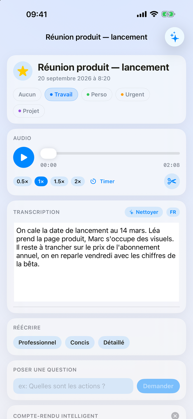Transcription d'une note dans NotaVox, avec le lecteur audio.