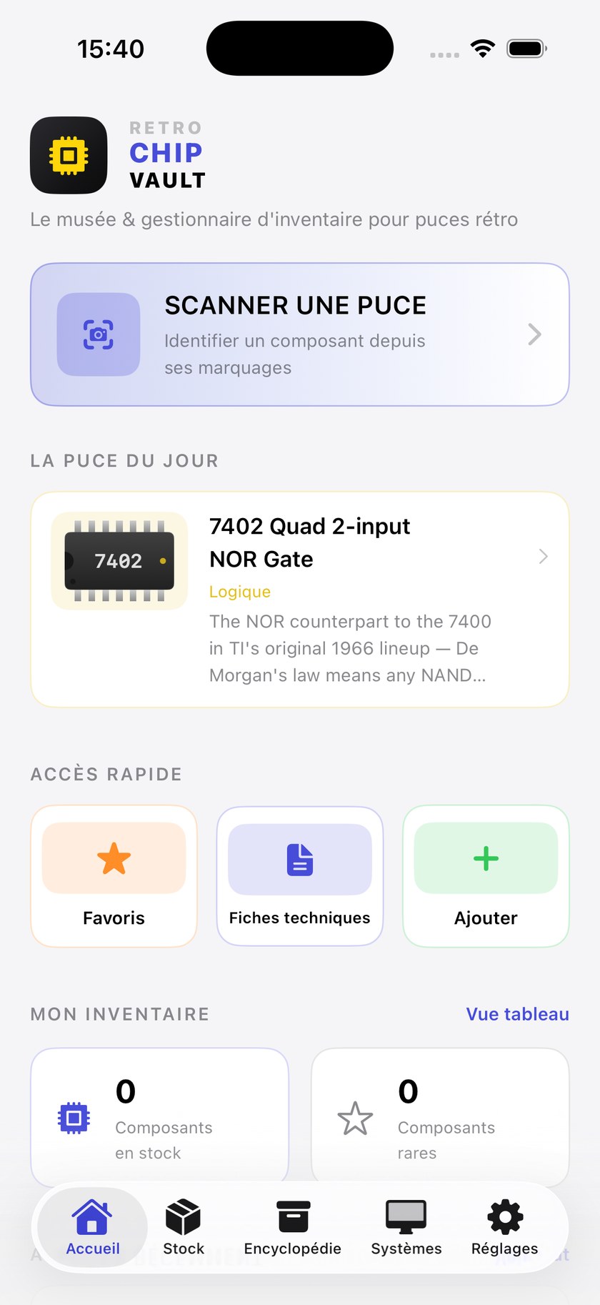 Écran d'accueil de Retro Chip Vault en thème clair