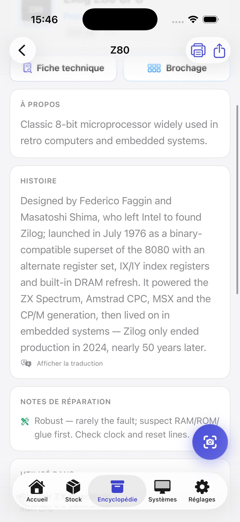 Histoire et notes de réparation du Z80