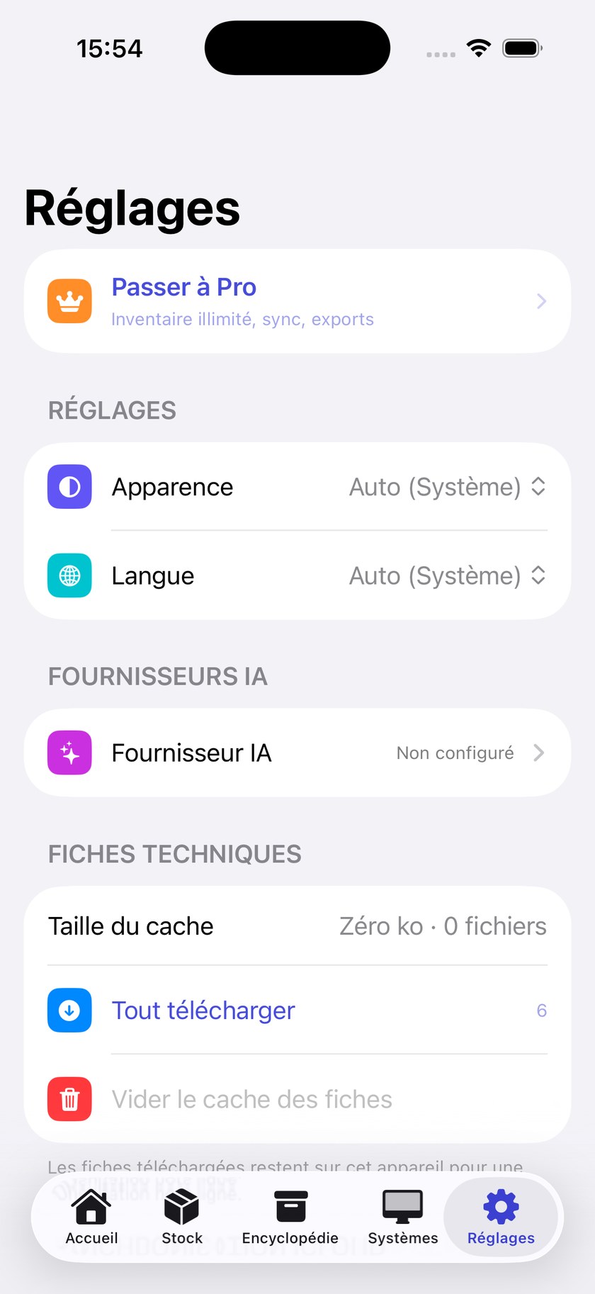 Écran des réglages