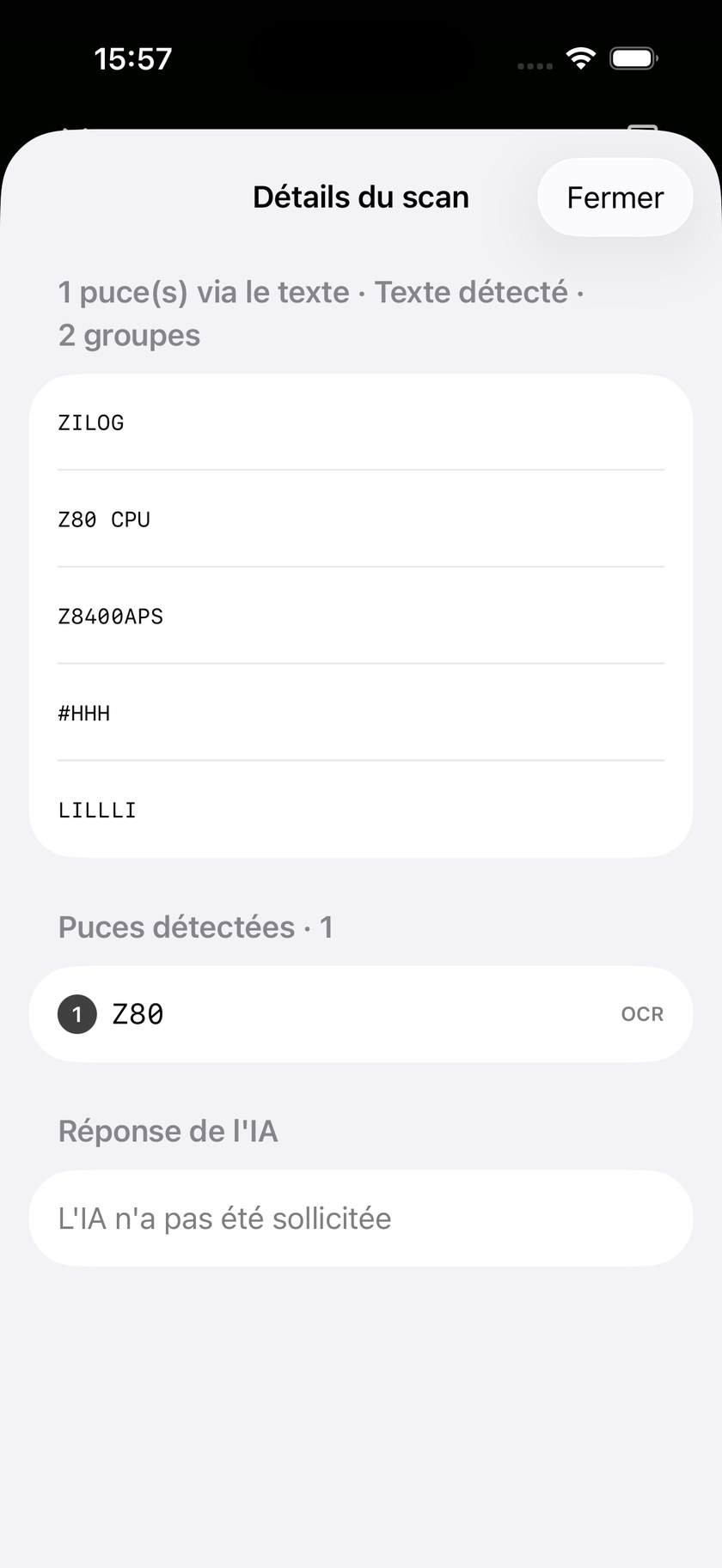 Détails du scan : texte détecté et réponse de l'IA