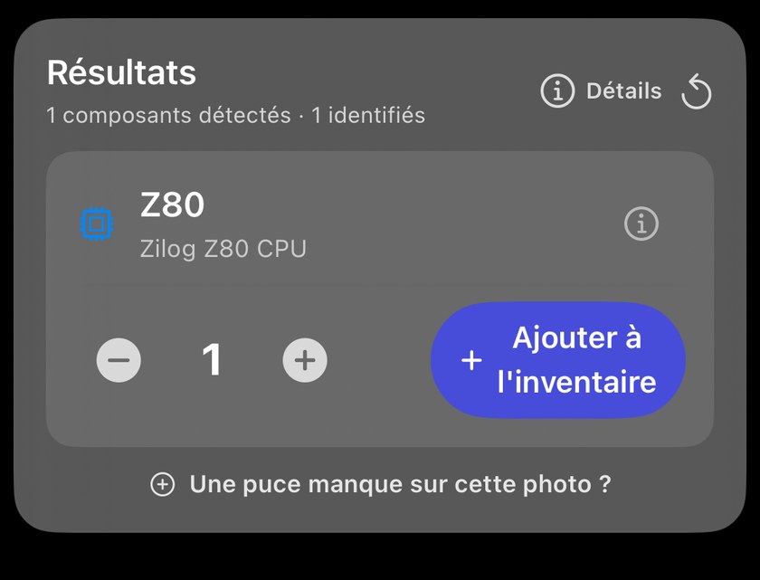 Panneau de résultats du scanner : Z80 identifié