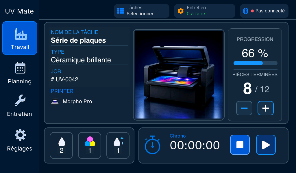 Écran tactile UV Mate sur ESP32-P4 affichant une tâche de production