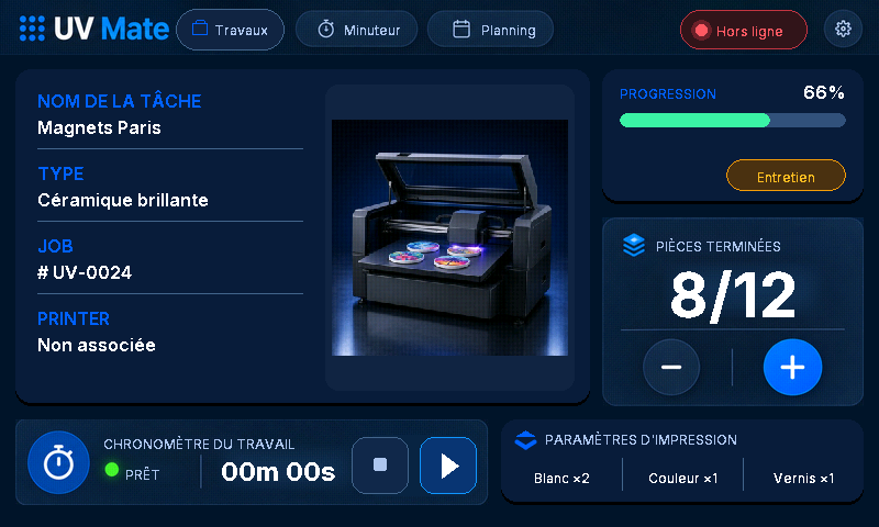 Écran tactile UV Mate sur ESP32-S3 affichant une tâche de production